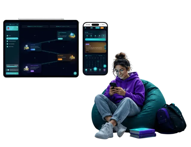 Estudante a usar a plataforma SmartGen no telemóvel e tablet